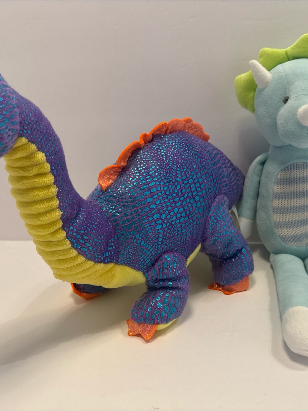 Set of 2 Plush Purple & Yellow Blue Dinosaur Toy - Soft Sparkle Kids Plush